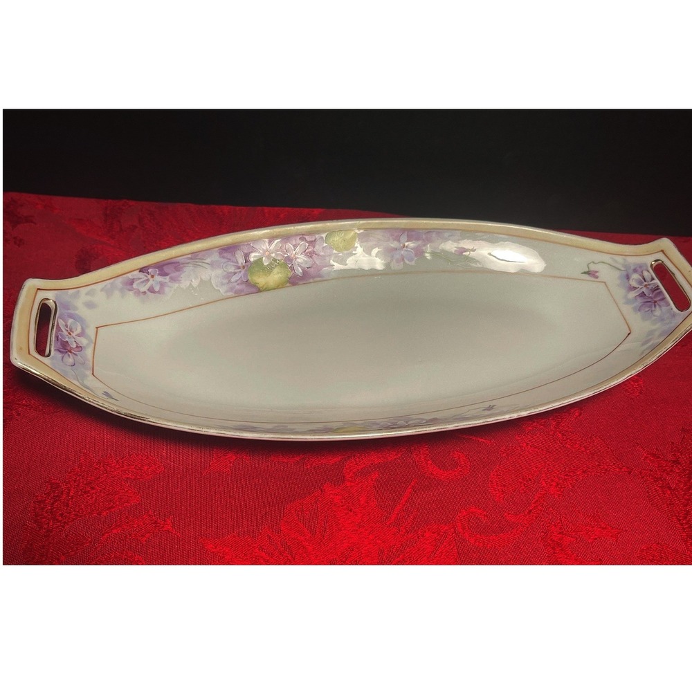 Antique Nippon Porcelain Celery Dish 1930s Purple Floral Oblong Made in Japan